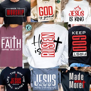 Peut inclure: Collection de t-shirts et de sweatshirts graphiques sur le thème religieux. Les motifs incluent des phrases telles que "Made to Worship", "God is Good", "Jesus is King" et "He is Risen". Les chemises présentent des croix et des citations inspirantes.