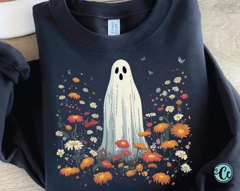 ボヘミアンフローラルハロウィンシャツPNG、ヴィンテージ秋の不気味な季節の昇華デザイン、野生の花の幽霊PNG、風合いのある花の幽霊、デジタル