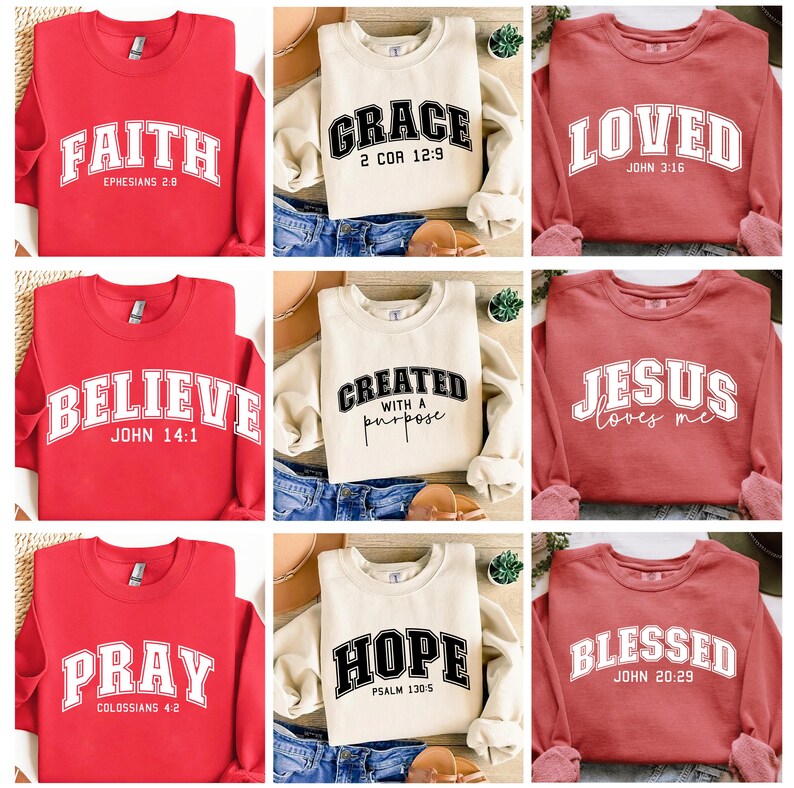 K&ouml;nnte beinhalten: Neun verschiedene Sweatshirts mit verschiedenen religi&ouml;sen Botschaften bedruckt. Die Sweatshirts sind in den Farben Rot, Creme und Koralle. Die Botschaften lauten "Glaube", "Gnade", "Geliebt", "Glaube", "Erstellt mit einem Zweck", "Jesus liebt mich", "Bete", "Hoffnung" und "Gesegnet".