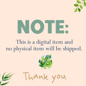 Peut inclure: Annonce d'article num&eacute;rique sur fond p&ecirc;che avec texte vert et accents de feuilles. Le texte se lit comme suit : "NOTE : Ceci est un article num&eacute;rique et aucun article physique ne sera exp&eacute;di&eacute;. Merci."