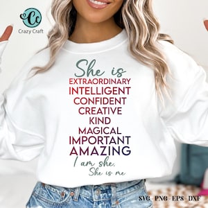 Lei è intelligente SVG, Lei sono io SVG, Empowerment femminile SVG, Femminismo SVG, Girl Power, SVG motivazionale per le donne, Citazione positiva, Cricut
