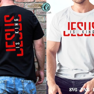 May include: Two t-shirts with the text "Jesus is King" printed in red letters on a white background. The text is in a bold, blocky font. The t-shirts are shown on models wearing them.