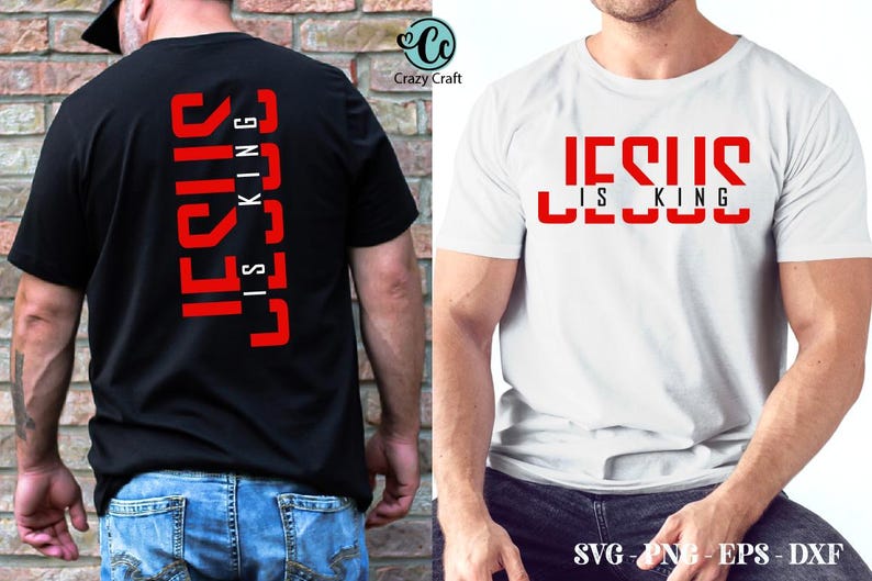 May include: Two t-shirts with the text "Jesus is King" printed in red letters on a white background. The text is in a bold, blocky font. The t-shirts are shown on models wearing them.