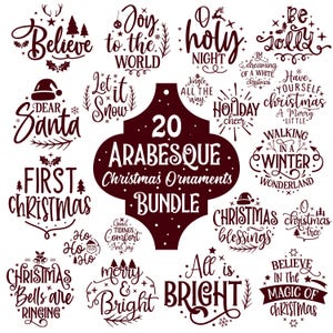 May include: A set of 20 red Christmas ornament designs with various festive sayings, including "Joy to the World", "Believe", "First Christmas", "Christmas Bells are Ringing", "Merry & Bright", "All is Bright", "O Holy Night", "Be Jolly", "Holiday Cheer", "Walking in a Winter Wonderland", "Christmas Blessings", and "Believe in the Magic of Christmas".