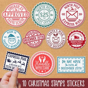 May include: Ten colorful Christmas themed stickers with various designs, including "Checked 2X Approved Santa Clause", "North Pole $25 Post Office", "Santa's Mail 25th December", "Express Mail Deliver by 25th December", "Handle with Care", and "Do Not Open Until December 25th".