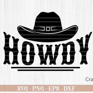 May include: Black and white silhouette of a cowboy hat with the word "HOWDY" written in a stylized font below it.