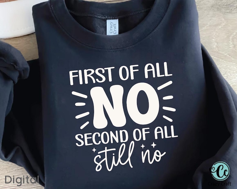 Pu&ograve; includere: Una felpa blu navy con la scritta bianca "FIRST OF ALL NO SECOND OF ALL still no". La felpa ha un girocollo e maniche lunghe. Il logo Crazy Craft &egrave; visibile in basso a destra.