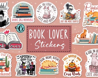 Digital Sticker Book Lover Bundle PNG, Digital Bookish Sticker Bundle, Printable Bookish Stickers, Fuuny Book Lover sticker, Print ready