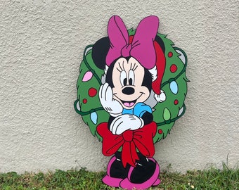 Christmas Wreath Minnie Yard Sign/Yard Art/Yard Decor/Christmas Yard Art/Wooden Yard Art/Mickey Yard/Minnie Art