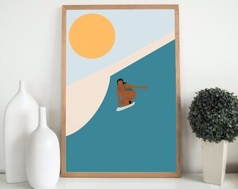 Puede incluir: Una ilustración digital de una persona surfeando en una ola con un sol amarillo brillante en el fondo. Los colores son azul, verde azulado, melocotón y marrón.