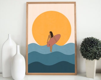 Puede incluir: Una ilustración digital de una persona surfeando en una ola con un gran sol naranja en el fondo. La persona lleva un bikini y sostiene una tabla de surf. Las olas son azules y verdes.