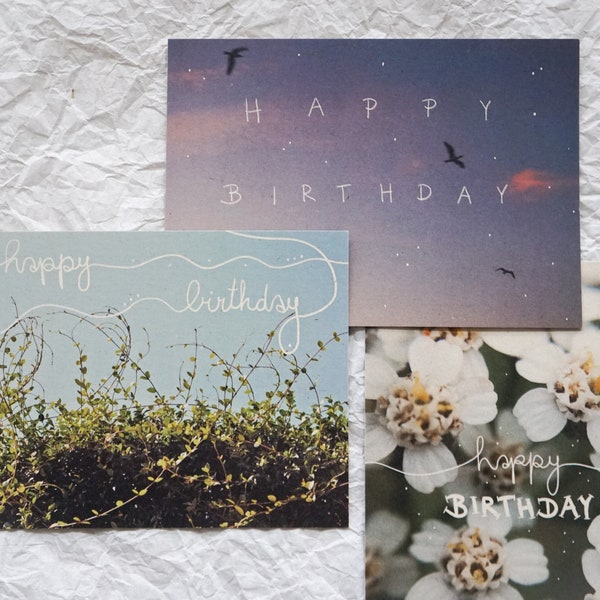 Happy Birthday Cards Set, minimalistic simple, flowers nature, postcards, recycled paper, dreamy