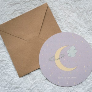 Round Postcard + Envelope | Recycled Cardboard | Crescent Moon and Stars | purple