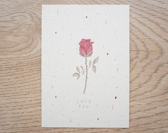 Love You Card, Valentine's Day, Mother's Day, red rose, eco-friendly, for partner or loved ones, minimalistic, handmade