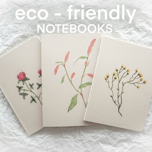Op de afbeelding: Drie milieuvriendelijke notitieboekjes met bloemenillustraties in aquarel. De notitieboekjes tonen een klaver, een plant met roze bloemen en een plant met gele knoppen. De woorden "eco - friendly NOTEBOOKS" staan bovenaan gedrukt.