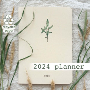 2024 Planner, weekly agenda, diary, monthly overviews, minimalist, eco friendly, plants, A5