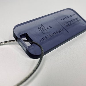 Luggage tag with desired name and address made of acrylic for the travel bag or suitcase - translucent name tag - dark grey