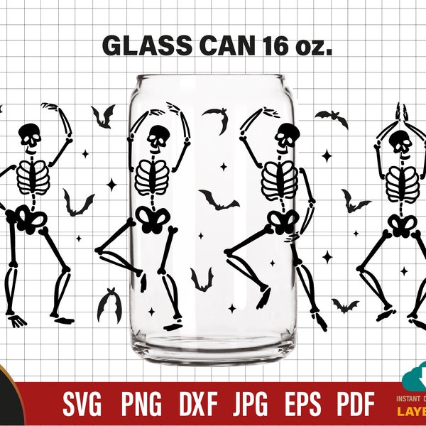 Skeleton dancing with bats svg for Halloween libbey glass 16oz Glass Can Wrap Files for Cricut and Cut machine, DXF for Silhouette