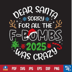 Caro Babbo Natale, scusa per tutte le bombe f, il 2025 è stato pazzesco, file Svg per ornamenti natalizi, file Svg per magliette natalizie per Cricut, sublimazione PNG