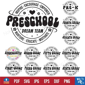 Lot de SVG Dream Team, SVG de chemise de professeur, professeur de première année, Dxf dernier jour d'école, retour à l'école, fichiers mignons pour Cricut et Silhouette