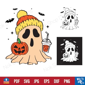 Niedlicher Geist mit Kaffee in der Mütze geschnitten Datei für Cricut, Boujee svg Herbst und Halloween png Sublimation DTF Print, Geist svg.