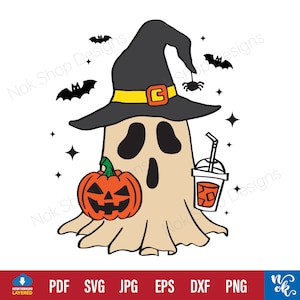 Cute Ghost with coffee in Witch hat svg Cut file for Cricut, Boujee svg Fall and Halloween png Sublimation DTF Print, ghost svg.