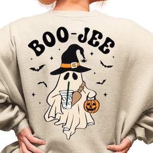 Boo Jee svg, schattige geest met koffie in heksenhoed svg gesneden bestand voor Cricut, Boujee svg herfst en Halloween png sublimatie DTF-afdruk.