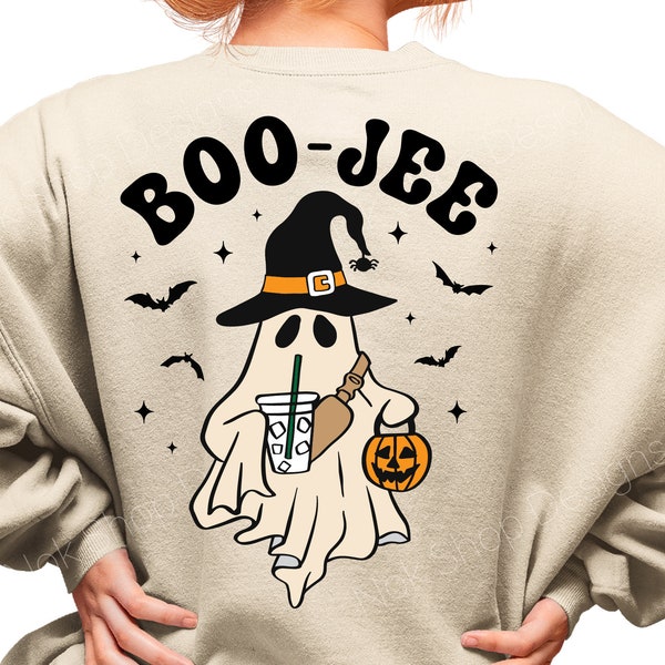 Boo Jee svg, Cute Ghost with coffee in Witch hat svg Cut file for Cricut, Boujee svg Fall and Halloween png Sublimation DTF Print.