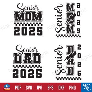 Senior moeder 2025 Svg, klasse van 2025 Svg, Senior DAD shirt svg gesneden bestand voor Cricut, Senior bovenliggende shirt, familie bijpassende shirt png voorkant achterkant.