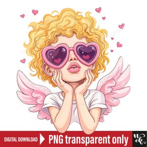 Cupid Valentines Day PNG, Vintage Valentines Day png, Funny Cupid With Heart Sunglasses png, Love png, Cupid blond hair png