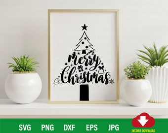 Merry Christmas Tree SVG, christmas tree topper, christmas ornament svg, dxf, eps, png for Wall art, T-shirt, Wall decor for cricut