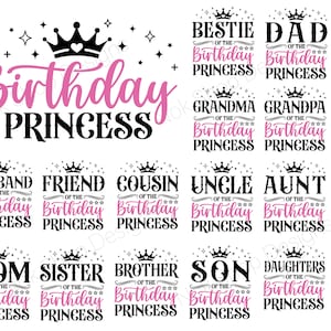 Pacote svg de princesa de aniversário, mãe da princesa de aniversário, pai da princesa de aniversário, camisetas de festa de aniversário, camisetas de aniversário de família