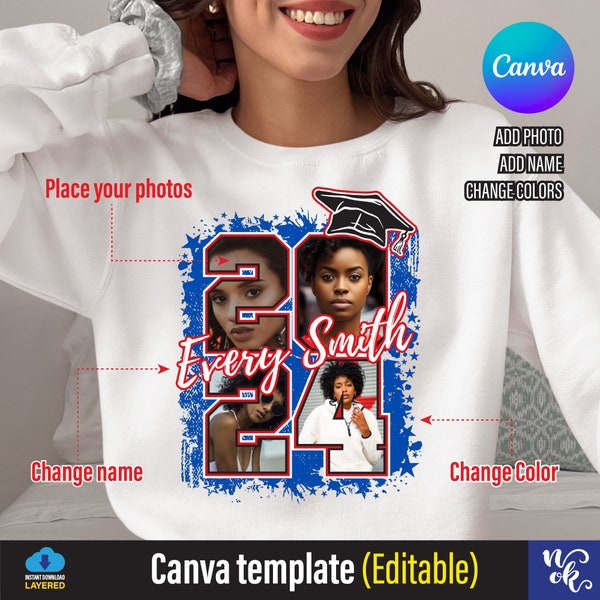 Senior 2024 Template for Canva easy add pictures inside number, Graduate Shirt Gift idea, sublimation Graduation, Editable in canva