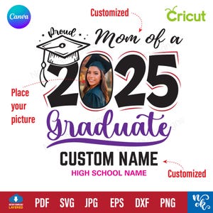 Modèle de remise des diplômes toile personnalisée pdf, svg senior diplômés 2025, classe de 2025 svg, fière famille d'un diplômé 2025 png sublimation