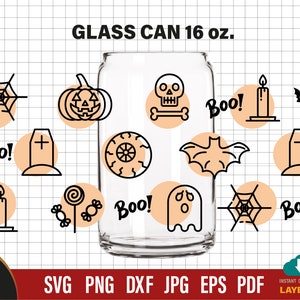 Halloween Line Art 16oz Libbey Glass Can Wrap SVG (Digital Download)