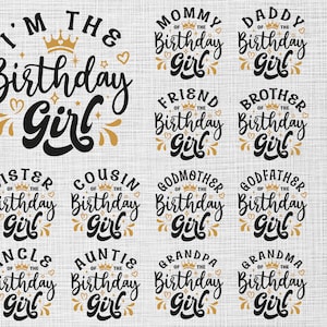 Paquete SVG de cumpleañera, SVG de reina de cumpleaños, SVG de mamá, papá, hermano y hermana de la cumpleañera, SVG de camiseta de cumpleaños a juego familiar para Cricut