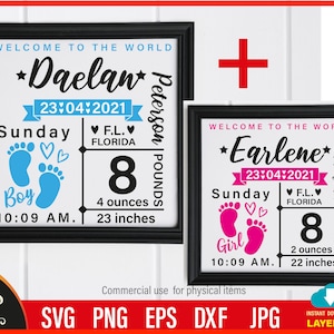 Baby Birth Announcement SVG for Boy And Girl, Baby Keepsake Template | Birth Stat SVG | Ear Birth Announcement for Boy, Girl Baby SVG,