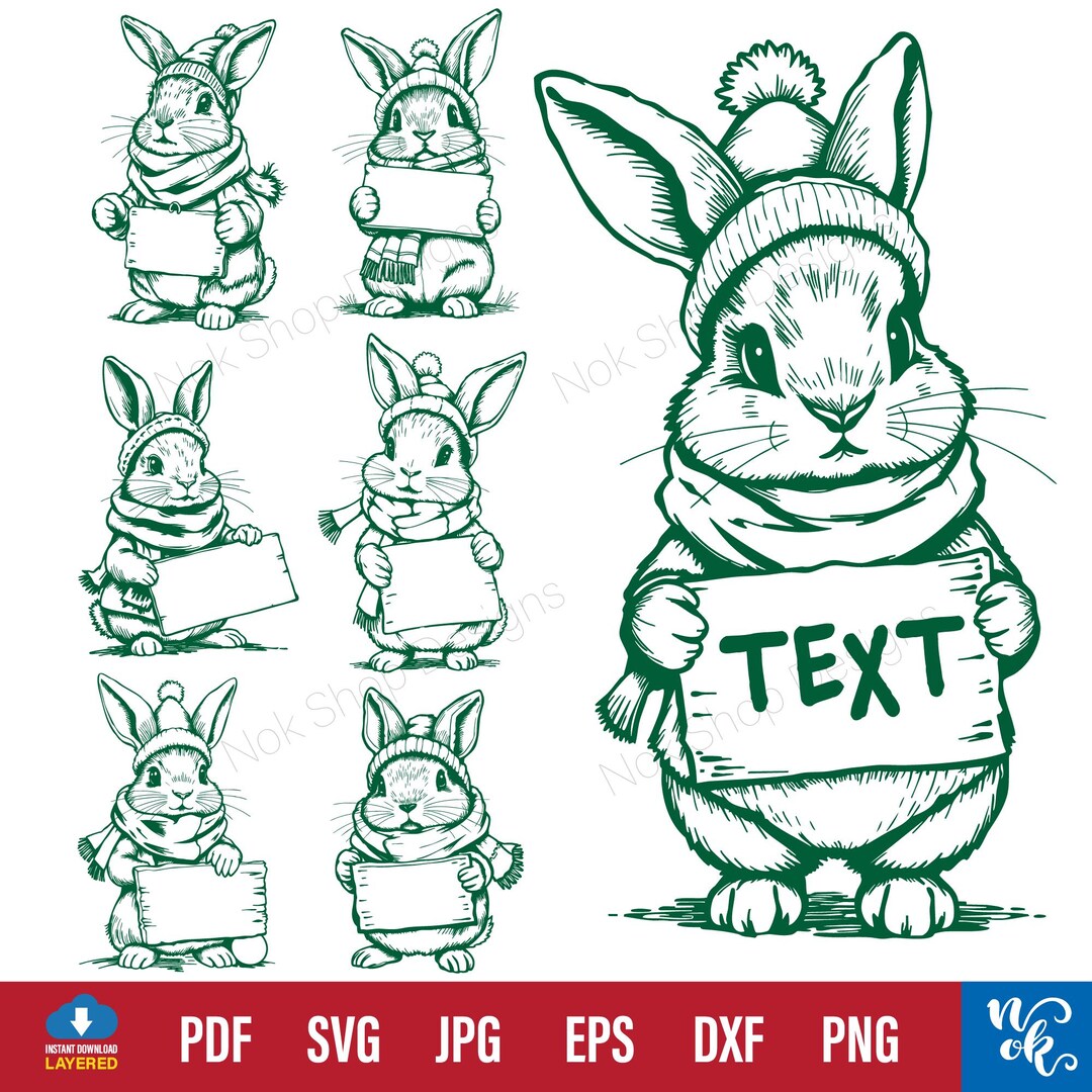 Rabbit Svg Line Art Bundle, Minimalist Bunny Holding Banner Svg Png Pdf ...