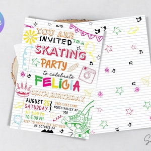 Puede incluir: Una invitación colorida para una fiesta de patinaje para celebrar el décimo cumpleaños de Felicia. La invitación presenta un diseño dibujado a mano con un pastel de cumpleaños, patines y notas musicales. La fiesta es el 25 de agosto de 3:00 PM a 5:00 PM en 3456 Lake Land, North Valley XY 900. RSVP a Mamá antes del 24 de octubre.