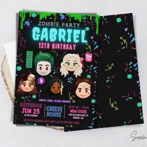 Arquivo de festa de convite de zumbi, tema de aniversário escolar, aniversário de zumbis, download instantâneo personalizado e para impressão