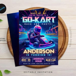Bearbeitbare Go Kart Geburtstagsparty Einladung Kartenvorlage, Digitale Go Kart Party einladen, Canva Sofort Download & druckbar