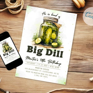 Editable Pickles Invitations, Pickle Jar Theme Party Ideas, Cucumbers Invitation, Pickle Evite, Canva, Printable, Instant Download