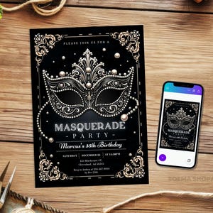 May include: A black masquerade party invitation card featuring a silver ornate mask graphic with pearl accents, decorative gold corner flourishes, and white text reading "PLEASE JOIN US FOR A MASQUERADE PARTY", "Marcus's 35th Birthday", and event details.