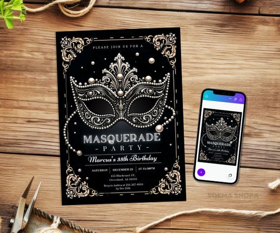 Black & White Masquerade Birthday Invitation Template (Canva Editable, Instant Download)