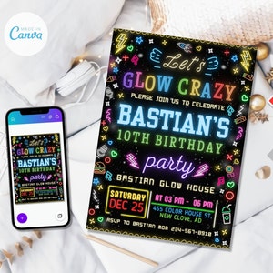 Glow uitnodigingen, Glow Crazy Party-ideeën, Neon Glow uitnodiging, Light Party, Glow Evite, Canva bewerkbaar en afdrukbaar, Instant Download