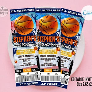 Nieuwe basketbalfeestuitnodigingen, basketbalfeest, mandticketuitnodiging, verjaardagscadeaus, Canva bewerkbaar en afdrukbaar, direct downloaden