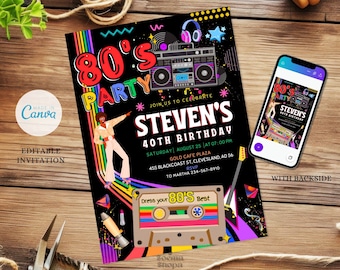 80s Retro Party Invitation Template, Editable Canva, Personalized Birthday Instant Download, Printable Invite