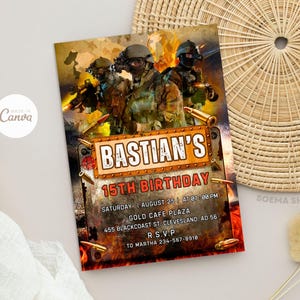 Faire-parts de fête d'anniversaire de l'armée, fête des soldats, invitation militaire, camouflage, toile modifiable et imprimable, téléchargement immédiat