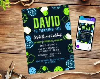 May include: A neon green and blue birthday party invitation for a boy named David turning 10. The invitation features a pickleball theme with a black background and neon green and blue pickleball paddles. The text on the invitation reads "David is turning 10! Let's hit the court to celebrate. Saturday, September 25 at 10am-1pm. Party Location: 455 Blackcoast St, Clevesland, AD 56. Pickleball, Taco Bar & Ice Cream. RSVP to Andrea at 234-567-8910 by Dec 25th."
