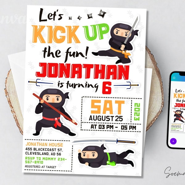 Ninja Kid Digital Invitation Party file, Little Ninja Birthday theme, Ninja Birthday, Personalized Editable and Instant Download